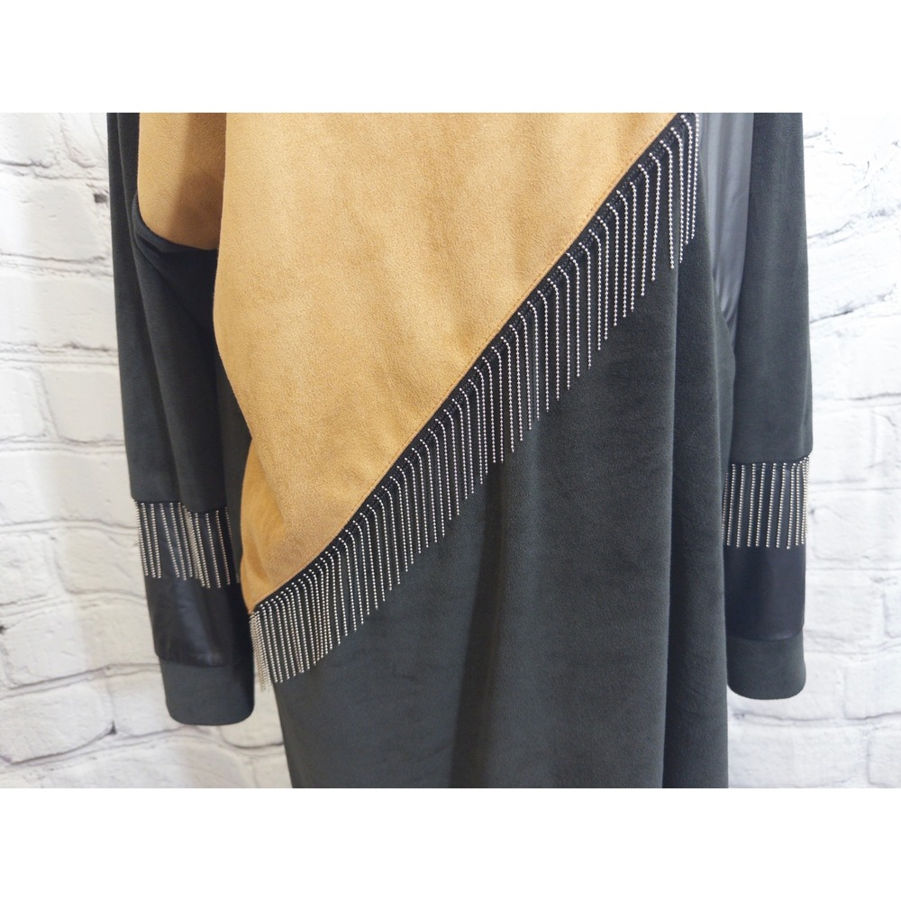 Destina Tunic Dress‎ Womens XL Black Brown Colorblock Fringe Faux Leather - Picture 3 of 11